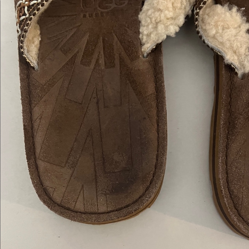 UGG Brown Suede Shearling Thong Sandals with Woven Strap Sz 9 - Picture 2 of 16